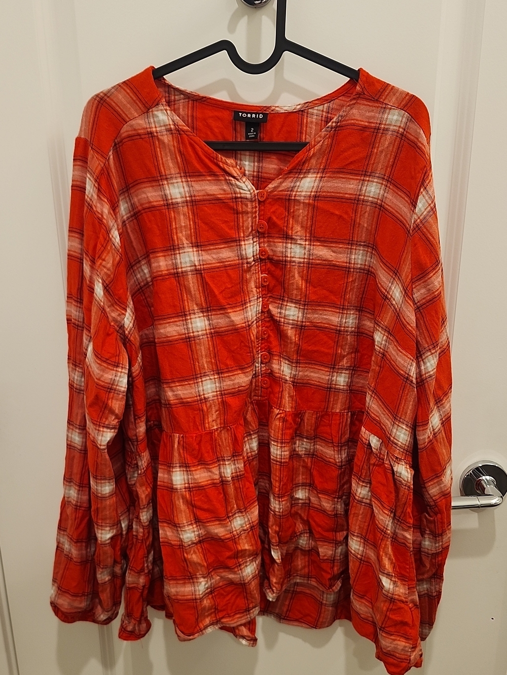 torrid Orange Plaid Button-Front Peplum Tunic Long Sleeve Womens Size 2(18-20)